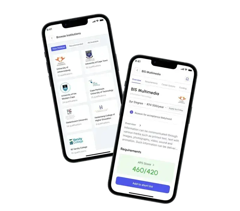 BridgeApp screens learners use: universities and a qualification’s APS requirements