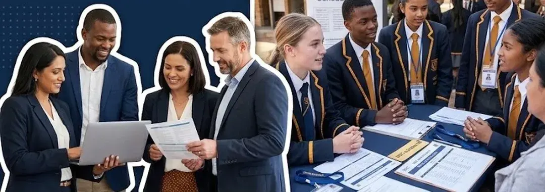 School leaders reviewing reports beside Grade 11 learners at an application session